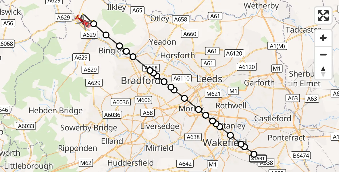 Flight route Air Ambulance Helicopter YAA Nostell Helicopter Port - Silsden, 04 October 2026, 09:22