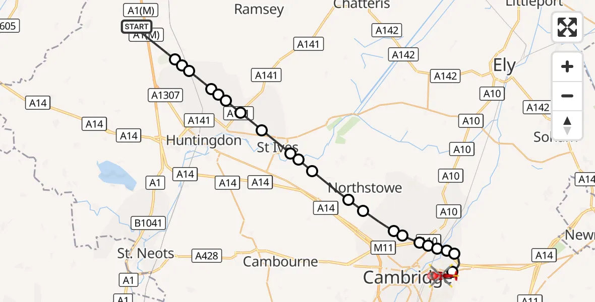 Flight route Air Ambulance Helicopter Sawtry - Cambridge City Airport, 04 October 2026, 09:36