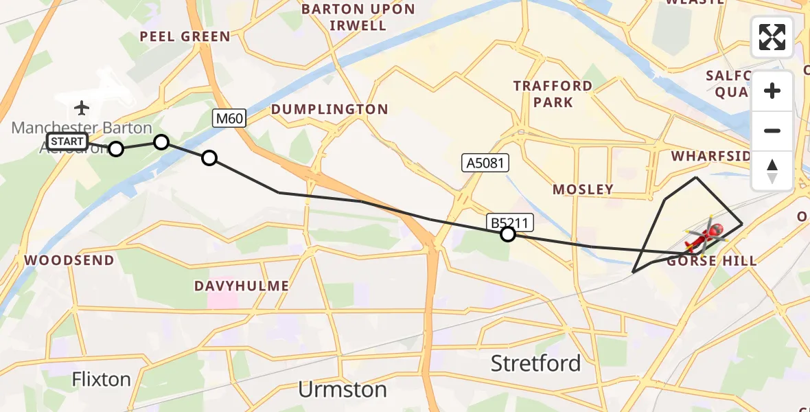 Flight route Air Ambulance Helicopter Manchester Barton Aerodrome - Stretford, 04 October 2026, 09:45