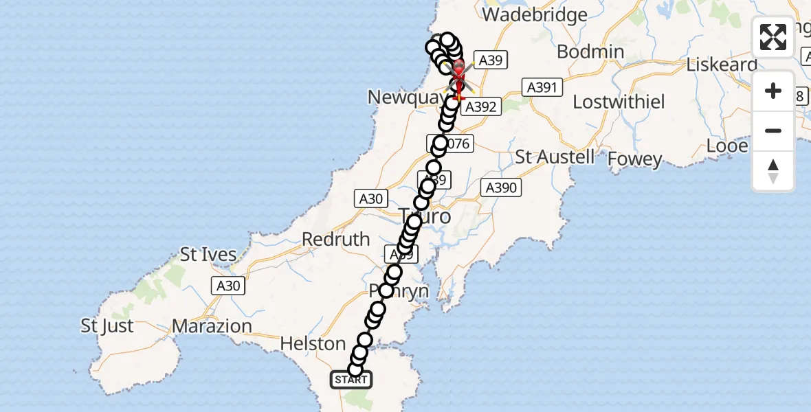 Flight route Air Ambulance Helicopter Garras - Cornwall Airport Newquay, 04 October 2026, 09:49