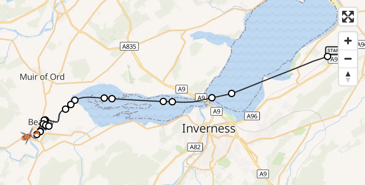 Flight route Coastguard Helicopter Inverness Airport - River Beauly, 04 October 2026, 10:00