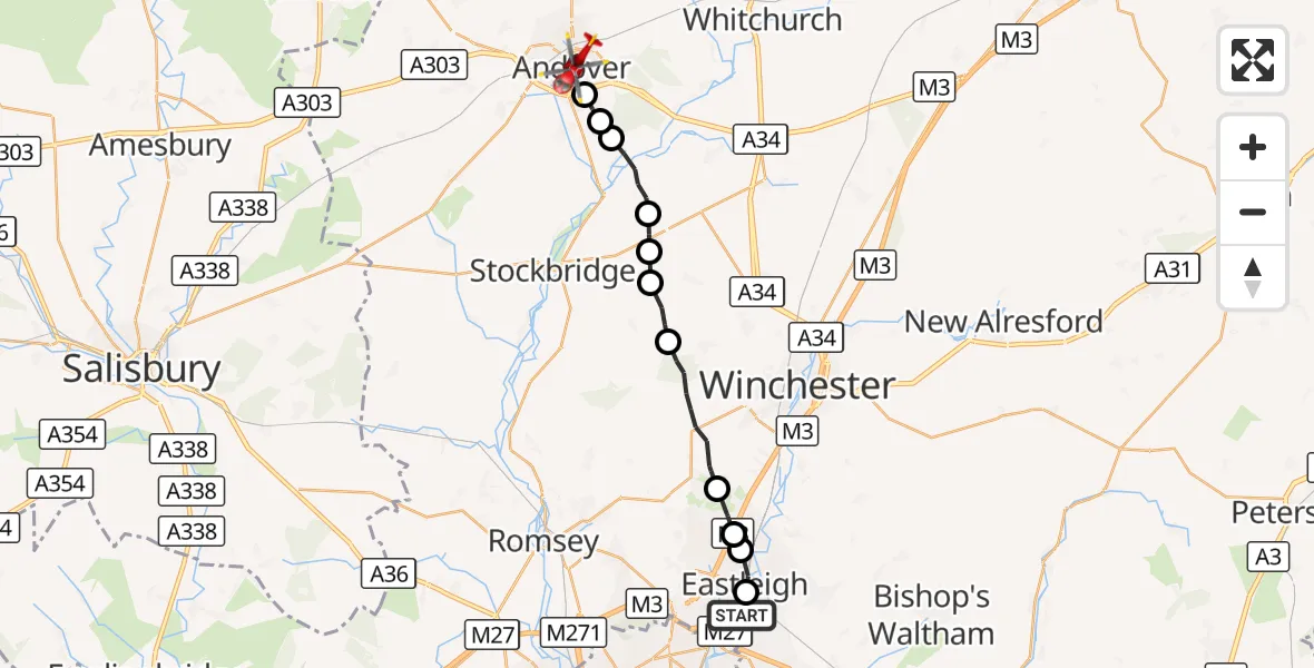 Flight route Air Ambulance Helicopter Southampton Airport - Andover, 04 October 2026, 10:10