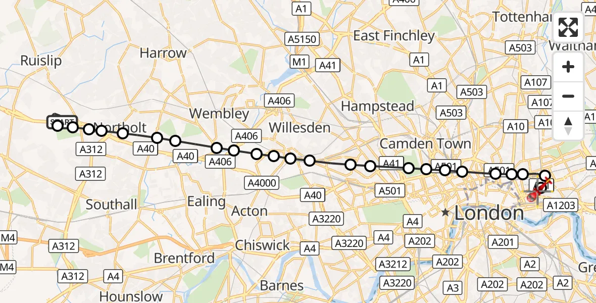 Flight route Air Ambulance Helicopter RAF Northolt - Royal London Hospital, 04 October 2026, 10:23