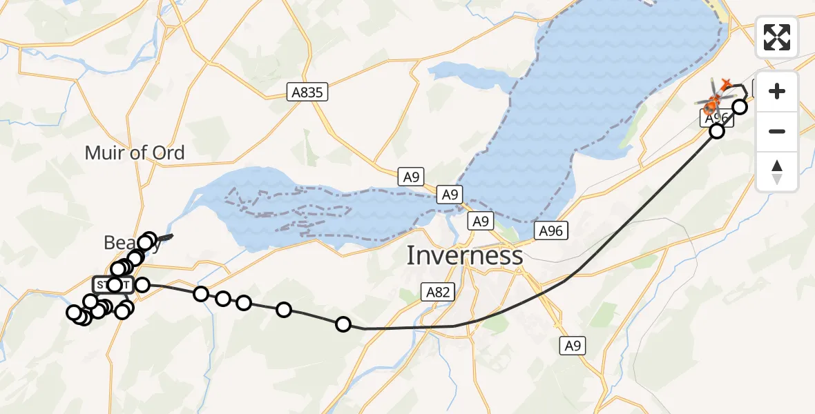 Flight route Coastguard Helicopter River Beauly - Inverness Airport, 04 October 2026, 10:24