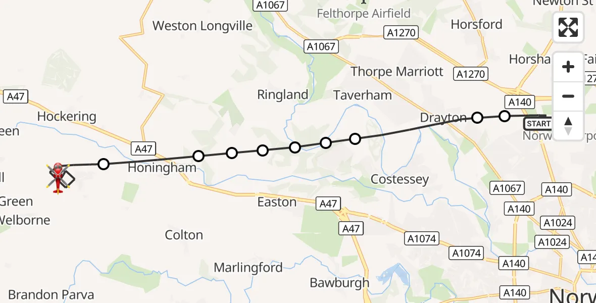 Flight route Air Ambulance Helicopter Norwich Airport - East Tuddenham, 04 October 2026, 10:24
