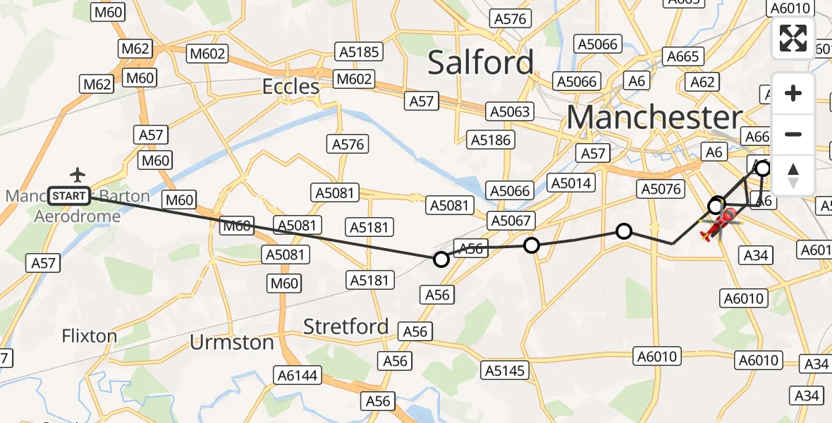 Flight route Air Ambulance Helicopter Manchester Barton Aerodrome - Chorlton-on-Medlock, 04 October 2026, 10:26