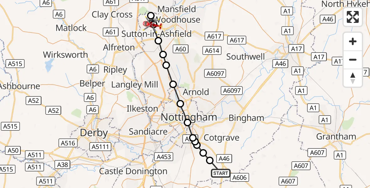 Flight route Air Ambulance Helicopter Widmerpool - Sutton in Ashfield, 04 October 2026, 10:27