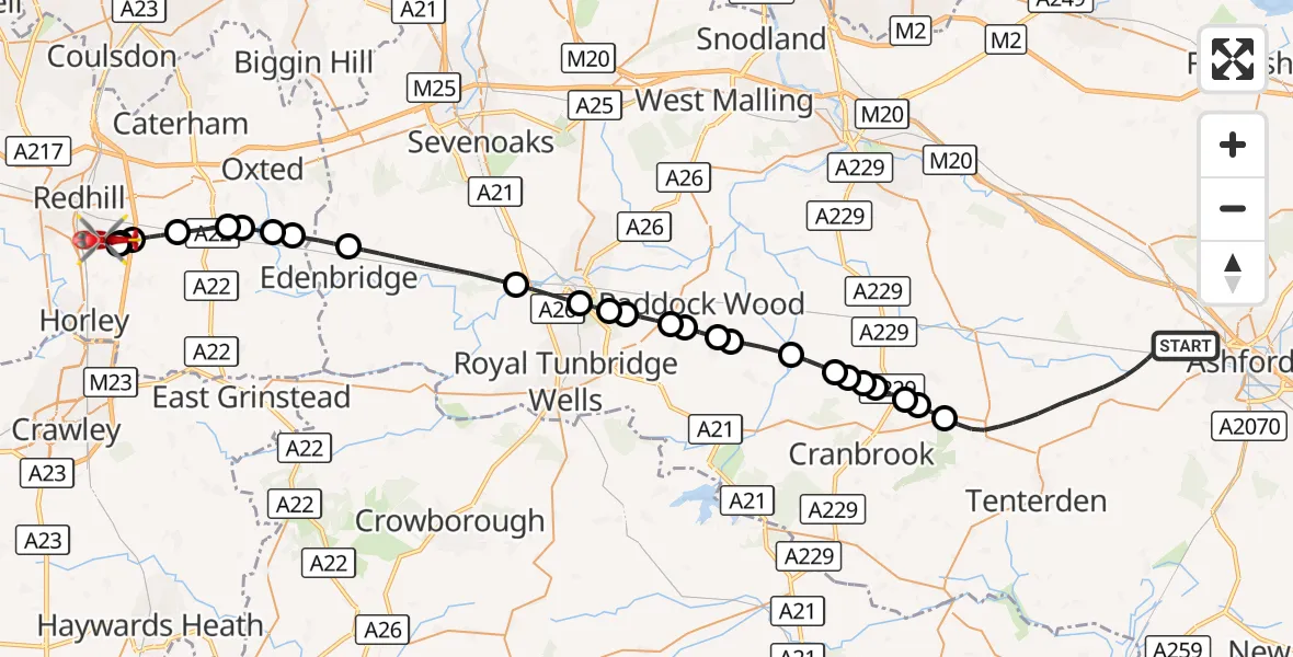 Flight route Air Ambulance Helicopter Ashford - Redhill Aerodrome, 04 October 2026, 10:42