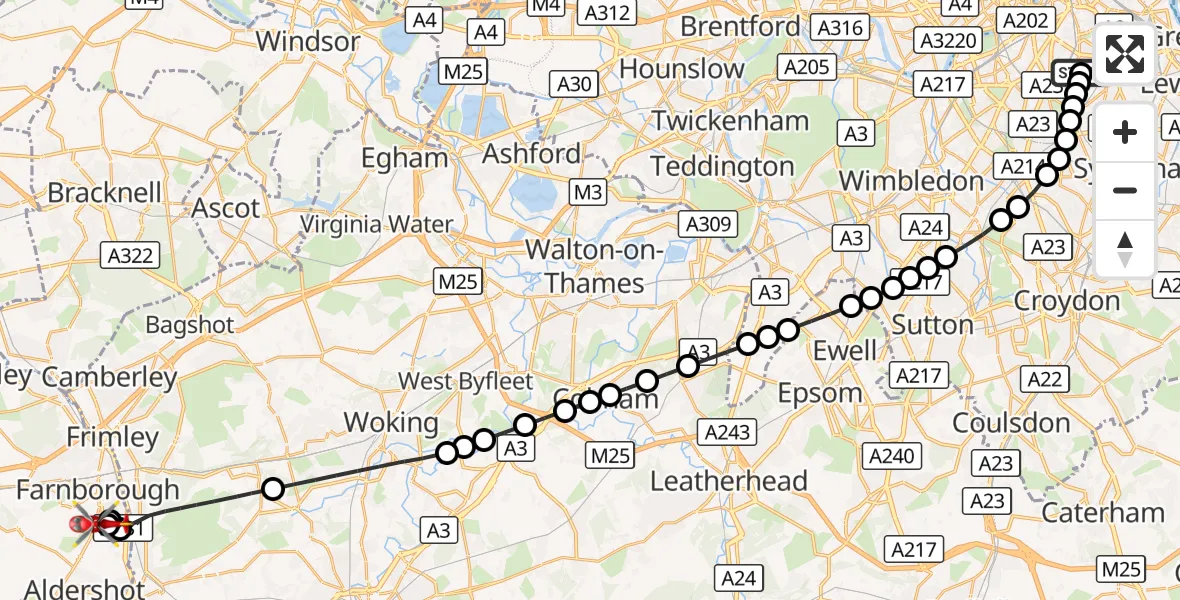 Flight route Air Ambulance Helicopter Kings College London Hospital - Farnborough, 04 October 2026, 10:43