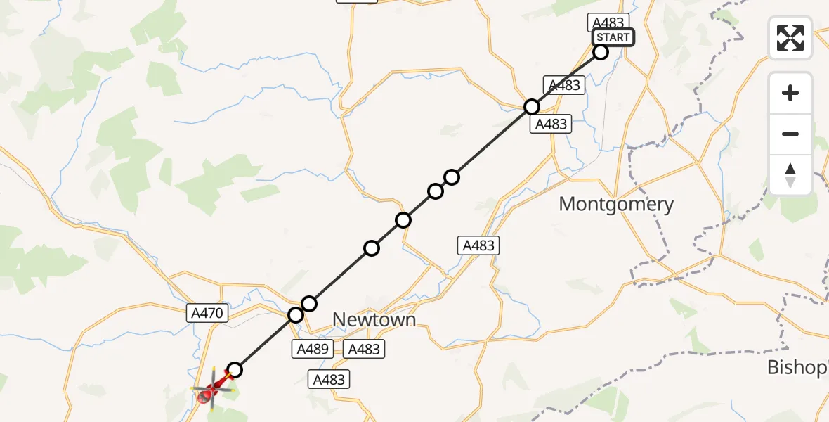 Flight route Air Ambulance Helicopter Welshpool Airport - Llandinam, 04 October 2026, 10:54