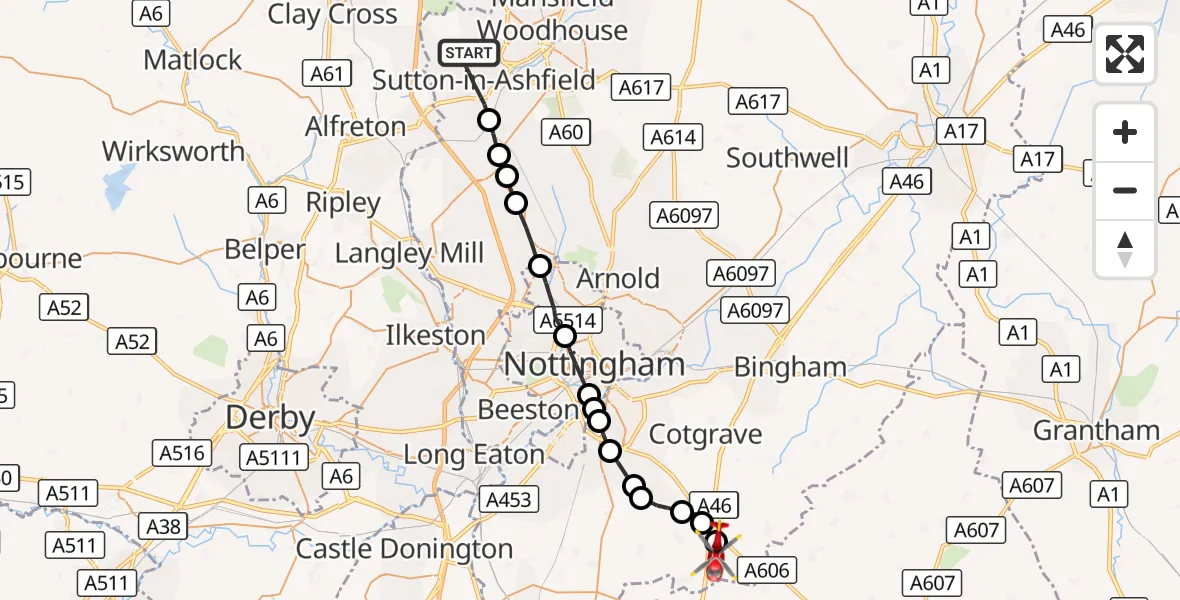 Flight route Air Ambulance Helicopter Sutton in Ashfield - Nottingham Heliport, 04 October 2026, 10:59