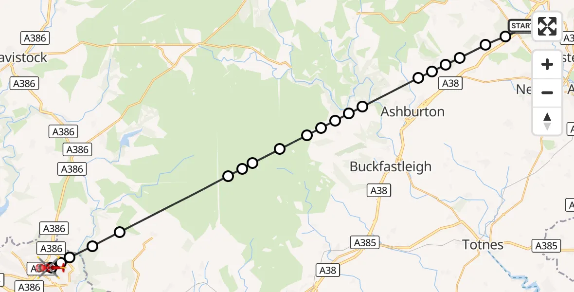 Flight route Air Ambulance Helicopter Heathfield - Derriford Hospital, 04 October 2026, 11:02