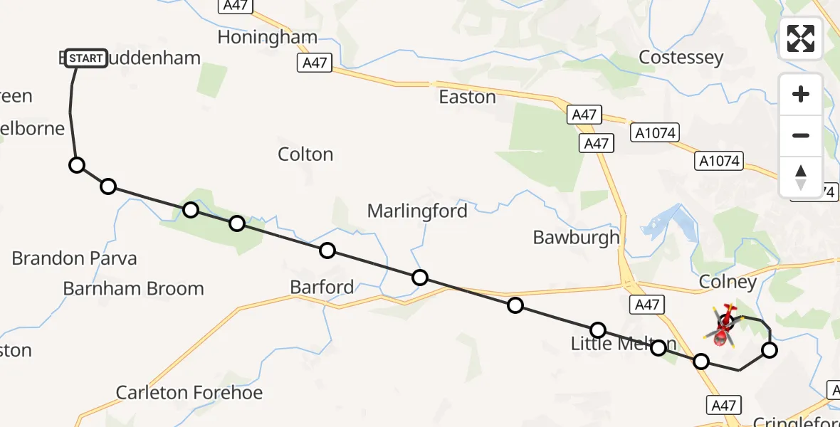 Flight route Air Ambulance Helicopter East Tuddenham - Norfolk & Norwich Hospital, 04 October 2026, 11:03
