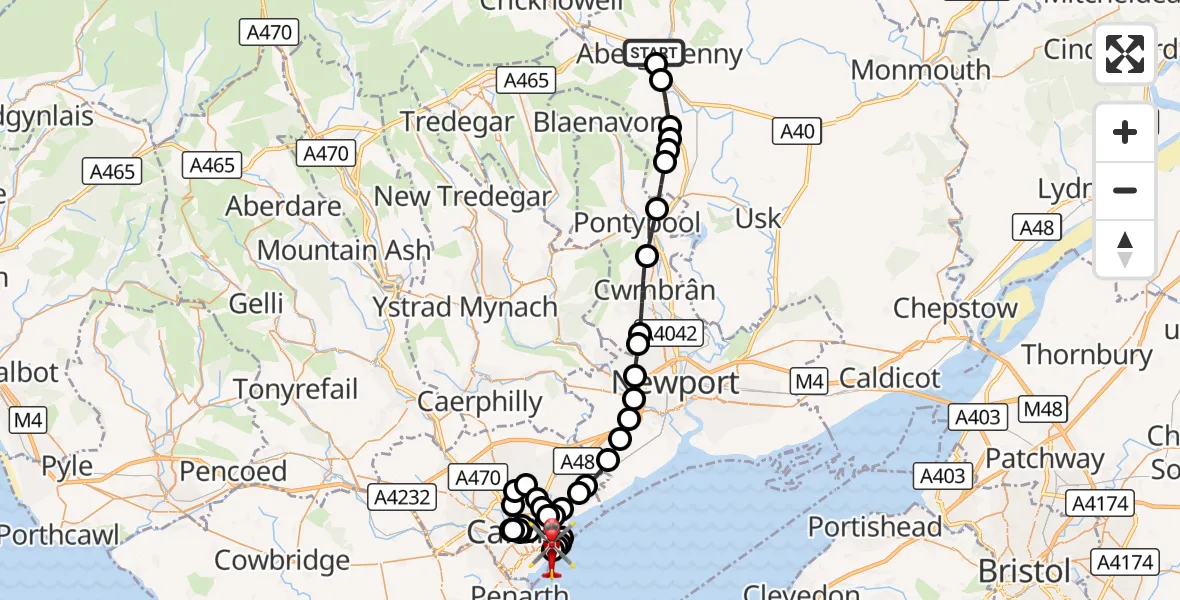 Flight route Air Ambulance Helicopter Abergavenny - Cardiff Heliport, 04 October 2026, 11:04