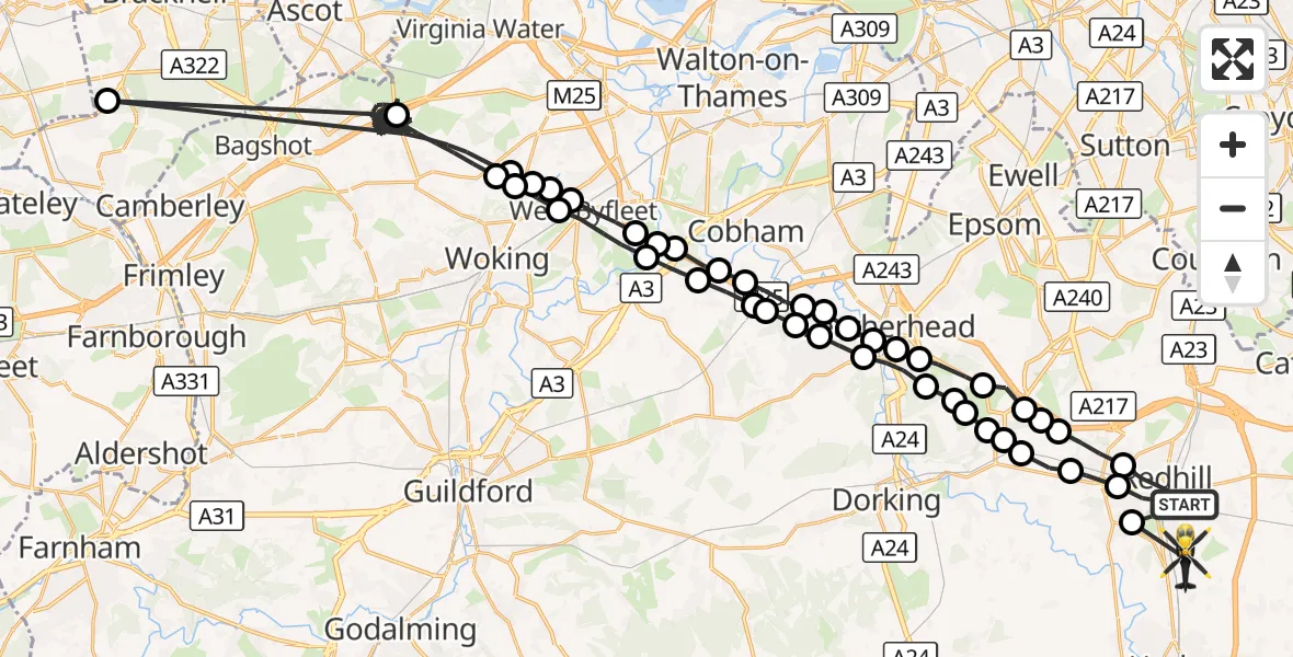Flight route Police Helicopter Redhill - Tandridge, 04 October 2026, 11:15