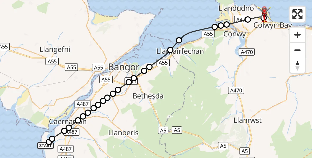 Flight route Air Ambulance Helicopter Caernarfon Airport - Colwyn Bay, 04 October 2026, 11:19