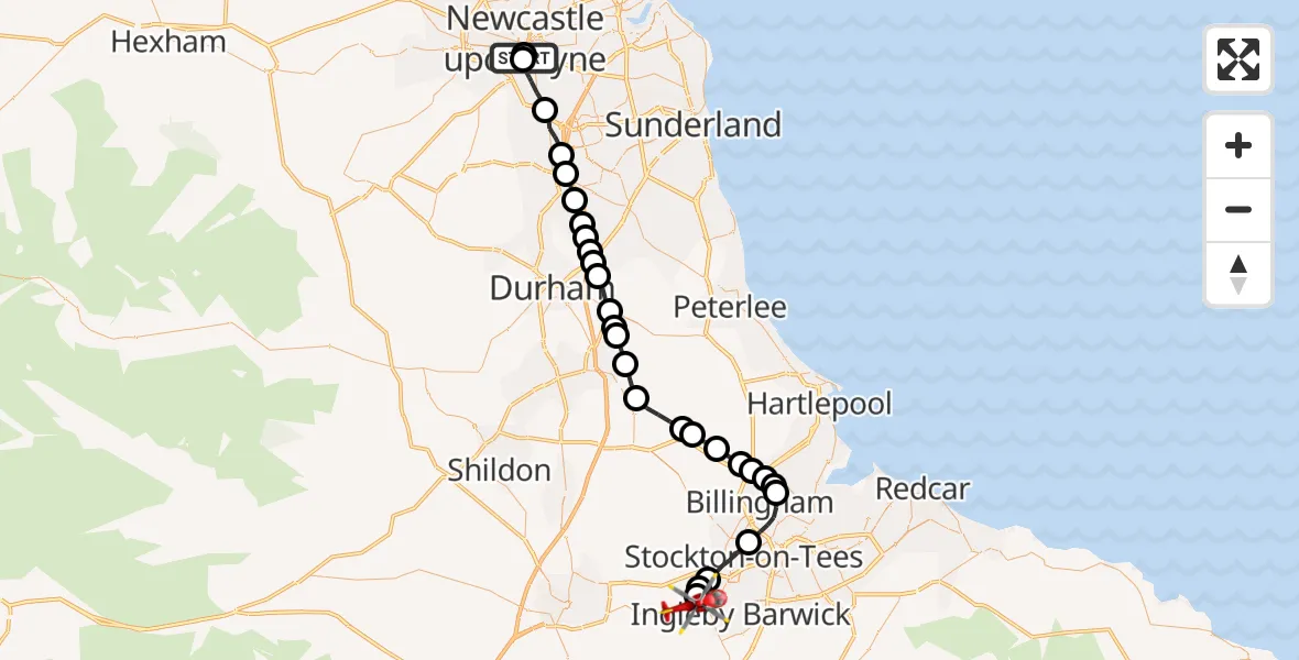 Flight route Air Ambulance Helicopter Gateshead - Egglescliffe, 04 October 2026, 11:31