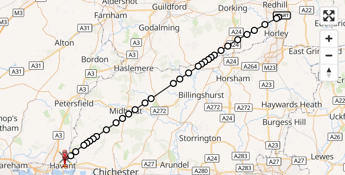 Flight route Air Ambulance Helicopter Redhill Aerodrome - Havant, 04 October 2026, 11:39