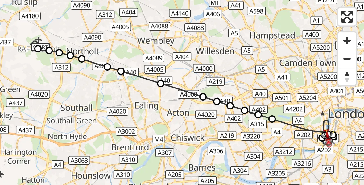 Flight route Air Ambulance Helicopter RAF Northolt - City of Westminster, 04 October 2026, 11:42