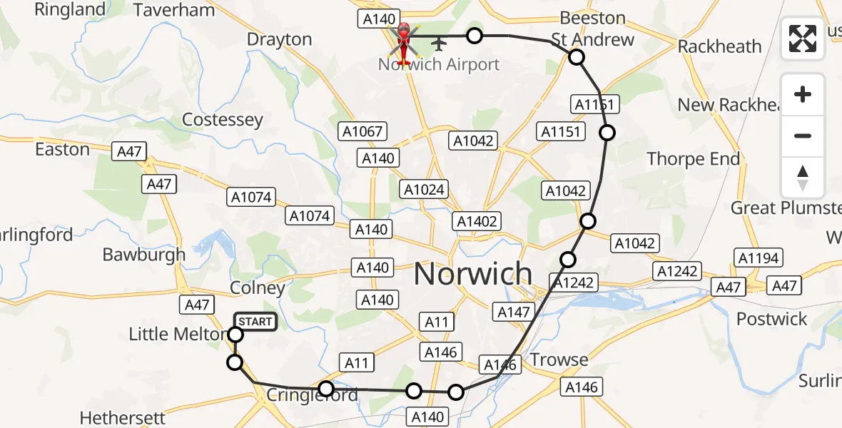 Flight route Air Ambulance Helicopter Norfolk & Norwich Hospital - Norwich Airport, 04 October 2026, 11:43