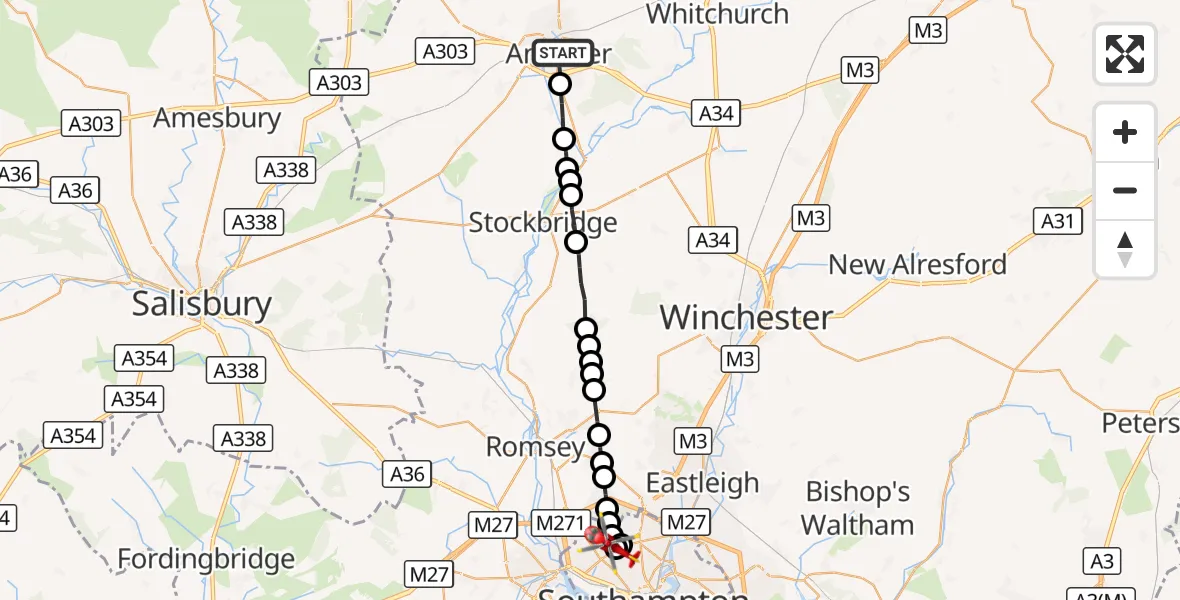 Flight route Air Ambulance Helicopter Andover - University Hospital Southampton, 04 October 2026, 11:45