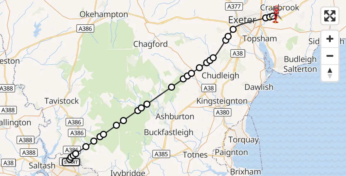 Flight route Air Ambulance Helicopter Derriford Hospital - Exeter International Airport, 04 October 2026, 11:46