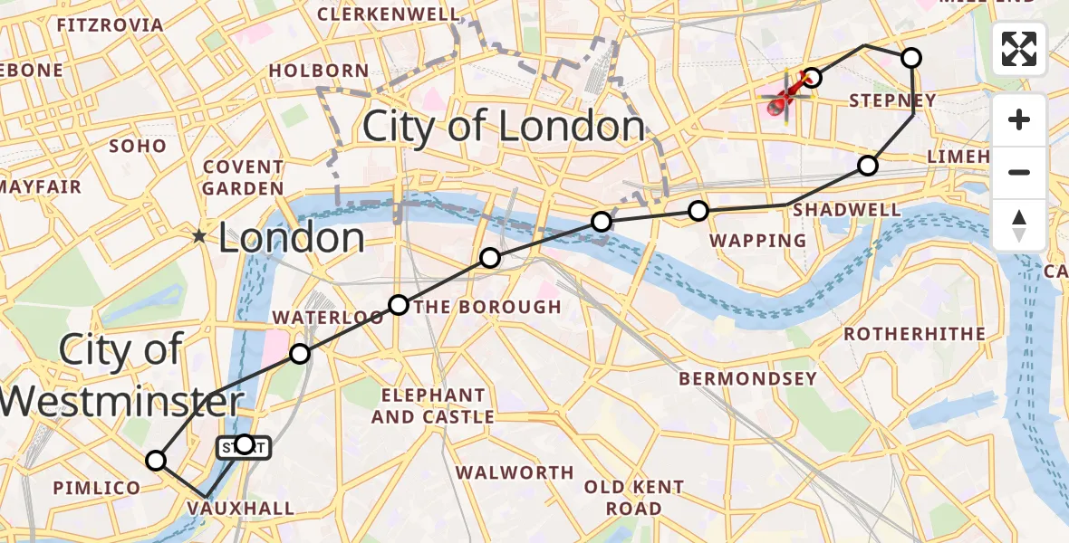 Flight route Air Ambulance Helicopter Vauxhall - Royal London Hospital, 04 October 2026, 12:00