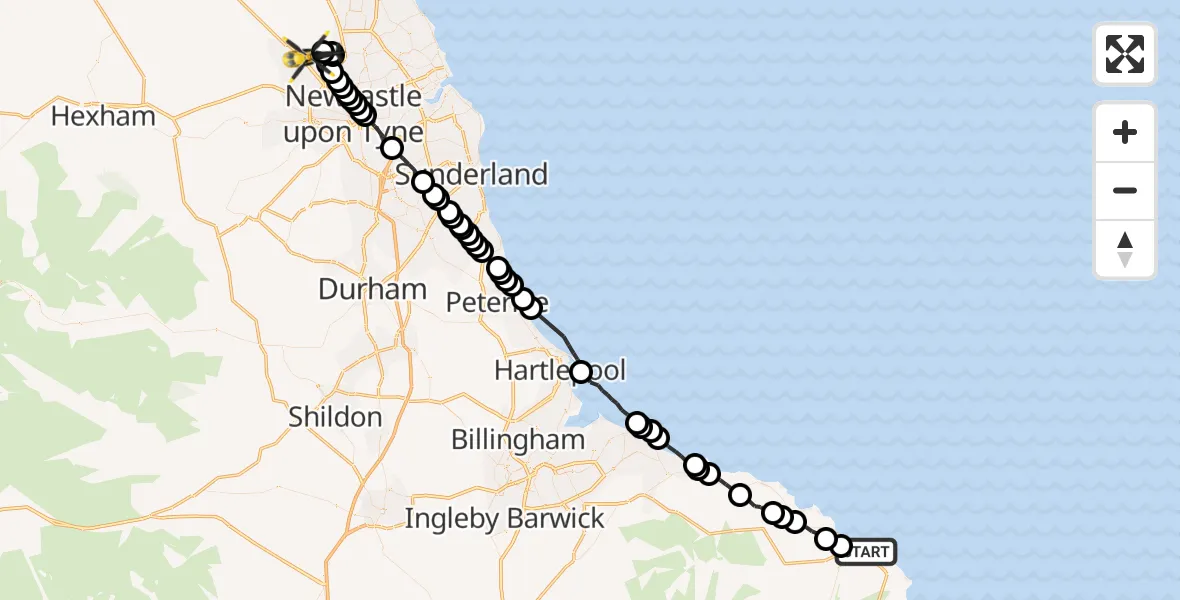 Flight route Police Helicopter Whitby - Newcastle International Airport, 04 October 2026, 12:01