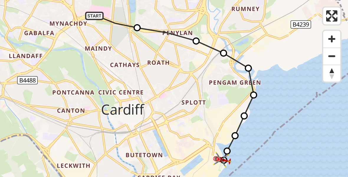 Flight route Air Ambulance Helicopter Birchgrove - Cardiff Heliport, 04 October 2026, 12:02