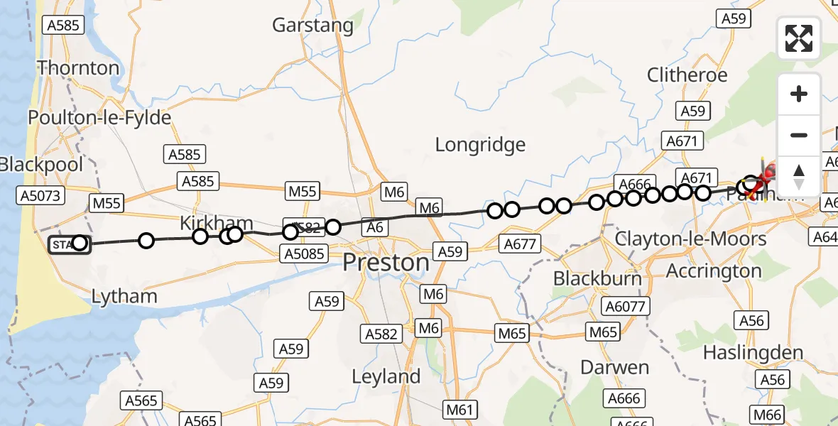 Flight route Air Ambulance Helicopter Blackpool Airport - Padiham, 04 October 2026, 12:03