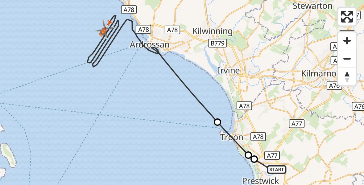 Flight route Coastguard Helicopter Glasgow Prestwick Airport - Inner Seas, 04 October 2026, 12:20