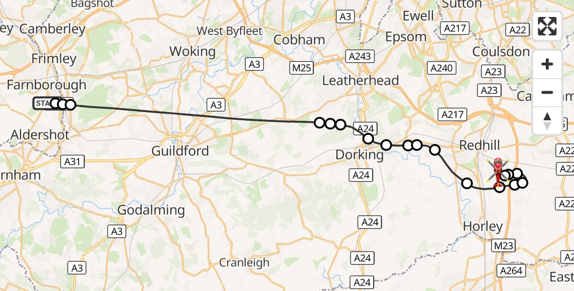 Flight route Air Ambulance Helicopter Farnborough - Redhill Aerodrome, 04 October 2026, 12:21