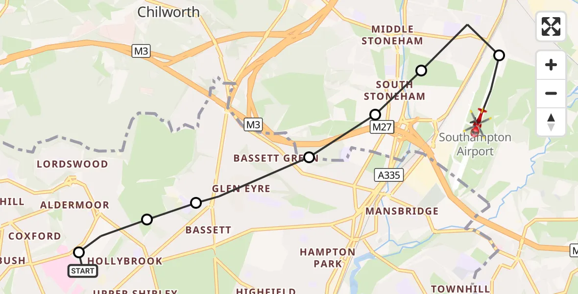 Flight route Air Ambulance Helicopter University Hospital Southampton - Southampton Airport, 04 October 2026, 12:33