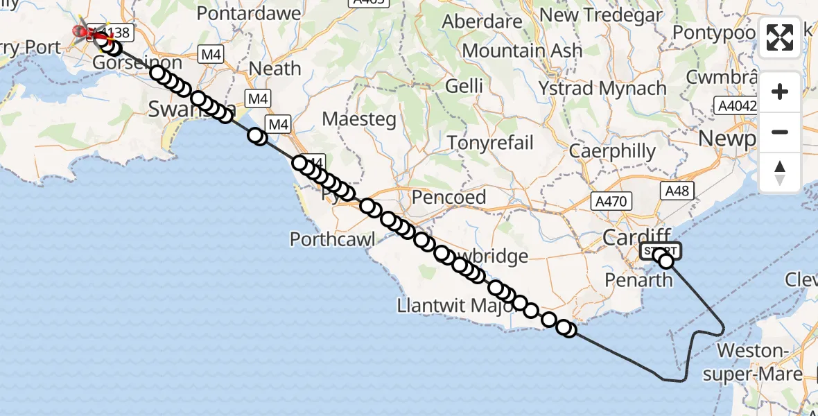 Flight route Air Ambulance Helicopter Cardiff Heliport - Dafen, 04 October 2026, 12:42