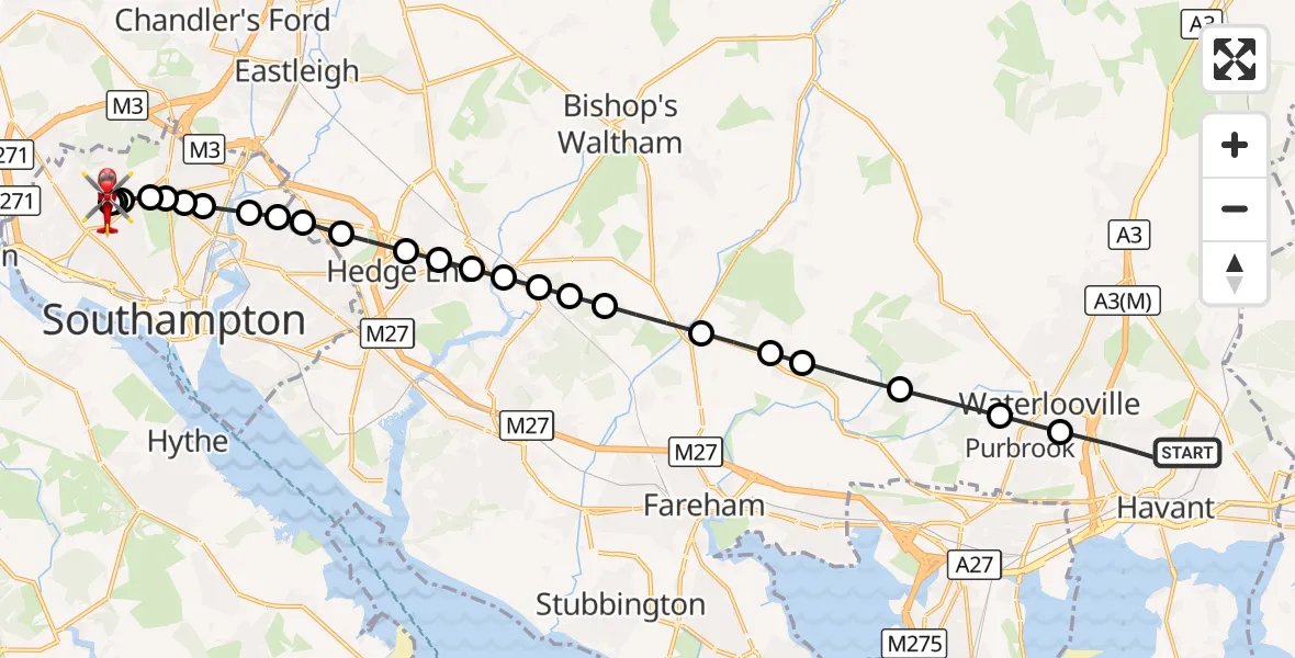 Flight route Air Ambulance Helicopter Havant - University Hospital Southampton, 04 October 2026, 12:50