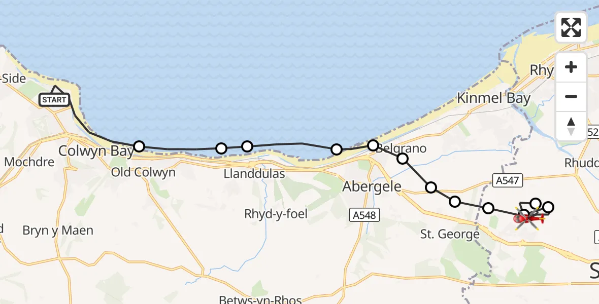 Flight route Air Ambulance Helicopter Colwyn Bay - Rhyl, 04 October 2026, 12:57
