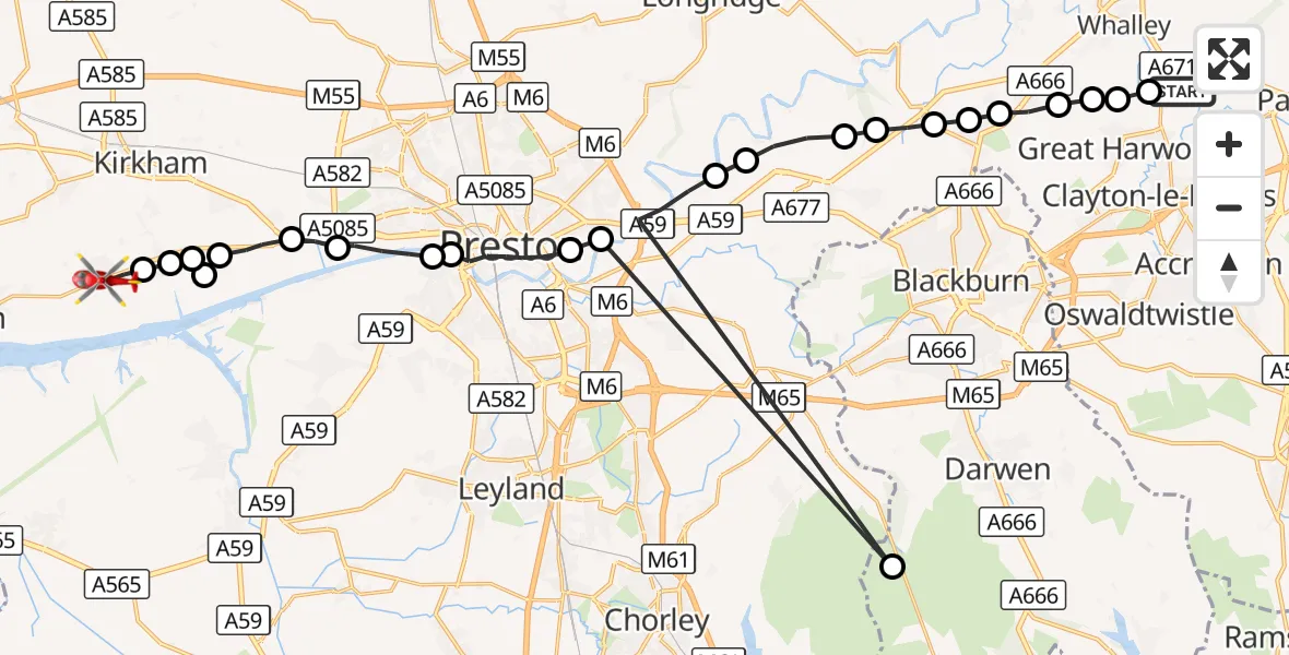 Flight route Air Ambulance Helicopter Read - Warton Aerodrome, 04 October 2026, 13:01