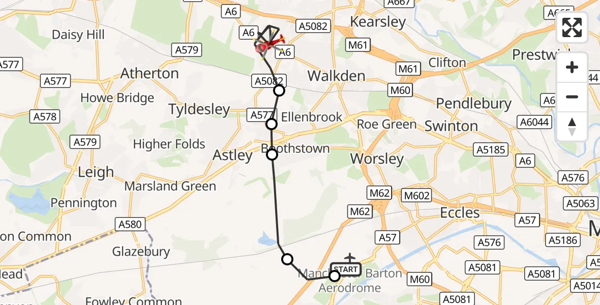 Flight route Air Ambulance Helicopter Manchester Barton Aerodrome - Little Hulton, 04 October 2026, 13:02