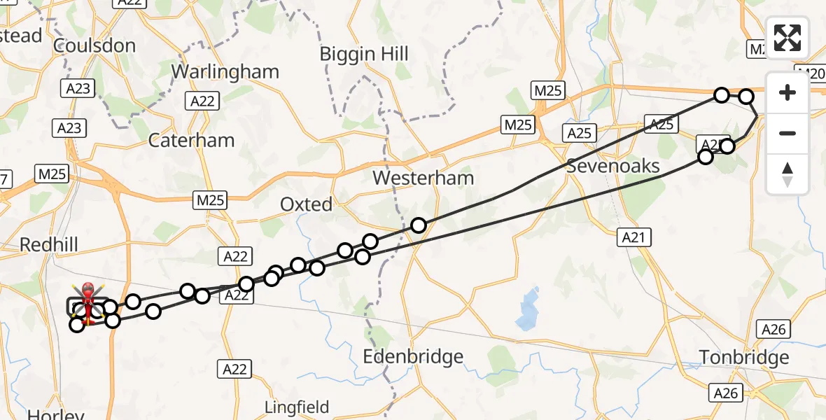 Flight route Air Ambulance Helicopter Redhill Aerodrome - Redhill Aerodrome, 04 October 2026, 13:09