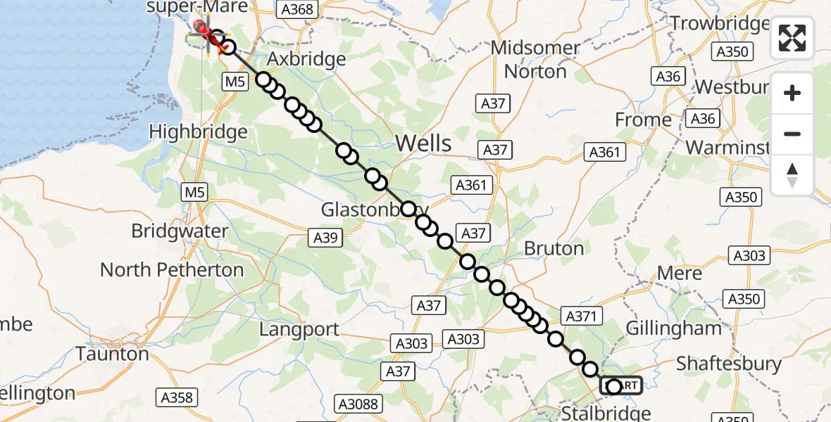 Flight route Air Ambulance Helicopter Henstridge Airfield - Bleadon, 04 October 2026, 13:10