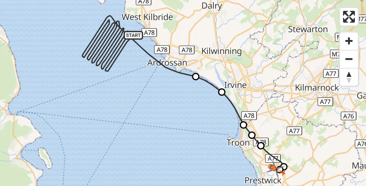 Flight route Coastguard Helicopter Inner Seas - Glasgow Prestwick Airport, 04 October 2026, 13:14