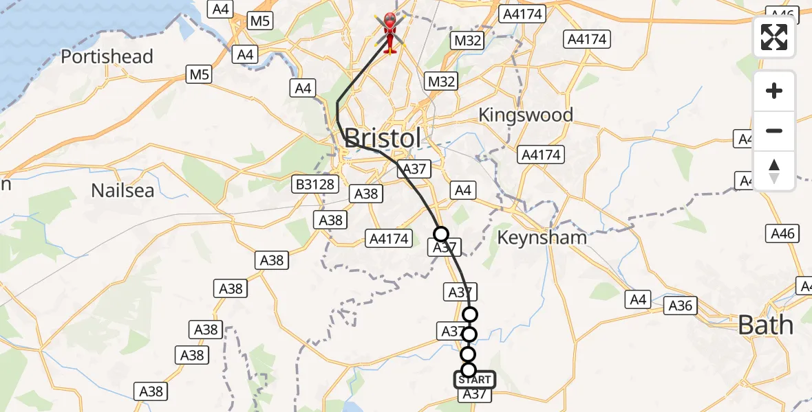 Flight route Air Ambulance Helicopter Woollard - Bristol, 04 October 2026, 13:29