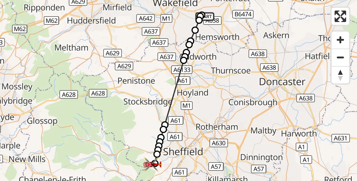 Flight route Air Ambulance Helicopter YAA Nostell Helicopter Port - Ringinglow, 04 October 2026, 13:37