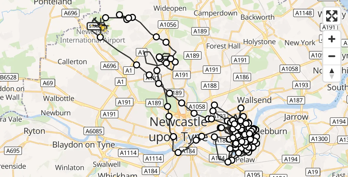Flight route Police Helicopter Newcastle International Airport - Newcastle International Airport, 04 October 2026, 13:40