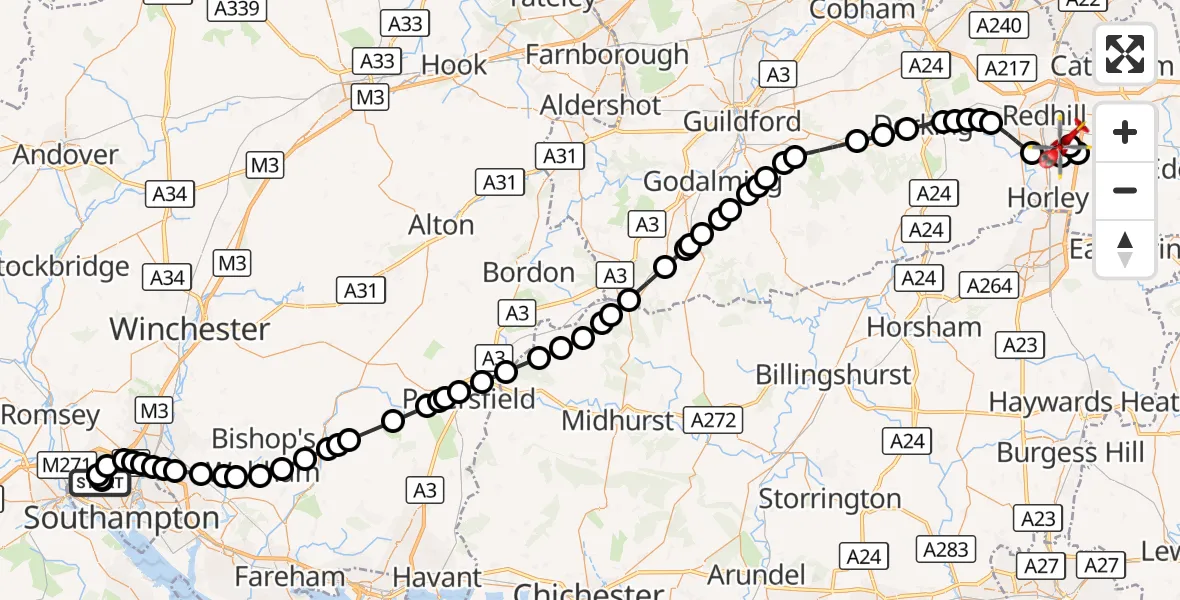 Flight route Air Ambulance Helicopter University Hospital Southampton - Redhill Aerodrome, 04 October 2026, 13:45