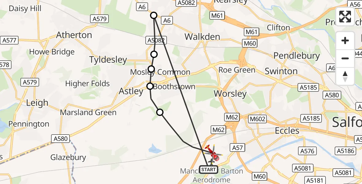 Flight route Air Ambulance Helicopter Manchester Barton Aerodrome - Irlam, 04 October 2026, 13:53