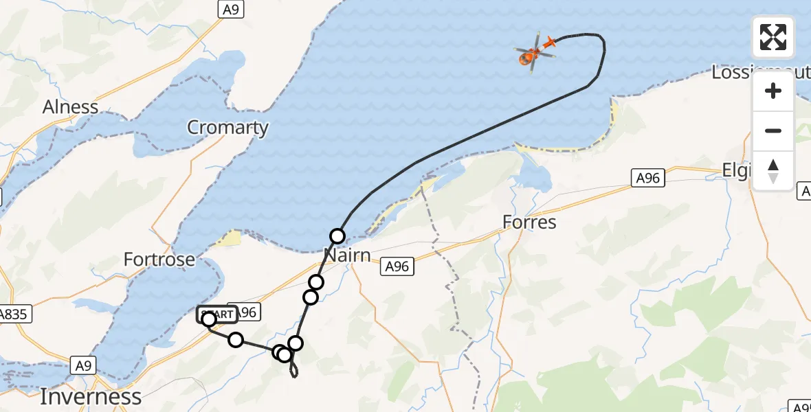 Flight route Coastguard Helicopter Inverness Airport - North Sea, 04 October 2026, 13:54