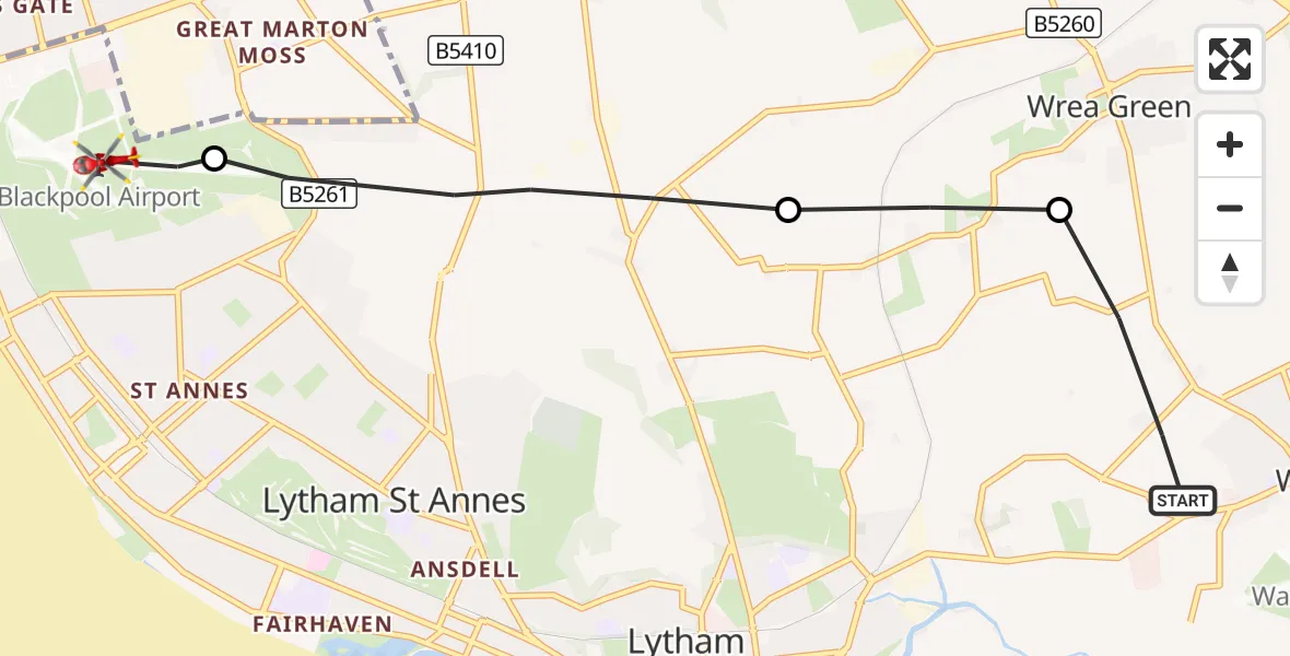 Flight route Air Ambulance Helicopter Warton - Blackpool Airport, 04 October 2026, 14:07
