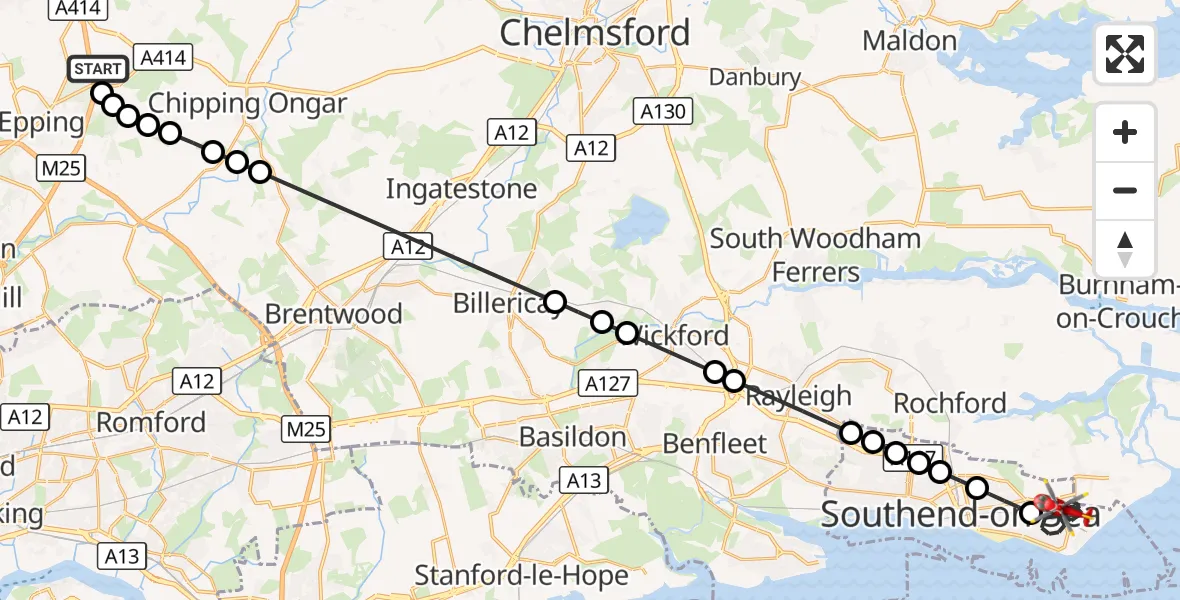 Flight route Air Ambulance Helicopter North Weald Airfield - Shoeburyness, 04 October 2026, 14:14