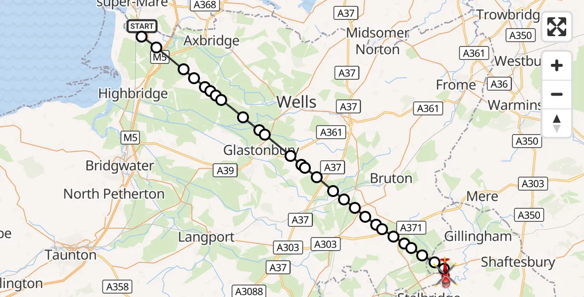Flight route Air Ambulance Helicopter Bleadon - Henstridge, 04 October 2026, 14:23